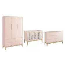 Dormitório Classic 3 Portas Rosa com Pés Madeira Natural - Reller Móveis
