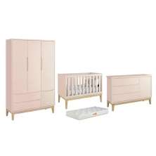 Dormitório Classic 3 Portas Rosa com Pés Madeira Natural e Colchão D18 Branco - Reller Móveis