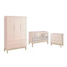 Dormitório Classic 3 Portas e Cômoda 3 Gavetas Rosa com Pés Madeira Natural - Reller Móveis