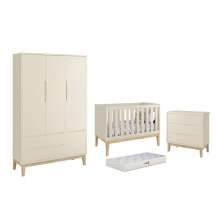 Dormitório Classic 3 Portas, Cômoda 3 Gavetas Areia Fosco com Pés Madeira Natural e Colchão D18 - Reller Móveis