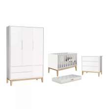 Dormitório Classic 3 Portas, Cômoda 3 Gavetas Branco com Pés Madeira Natural e Colchão D18 - Reller Móveis