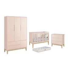 Dormitório Classic 3 Portas, Cômoda 3 Gavetas Rosa com Pés Madeira Natural e Colchão D18 - Reller Móveis