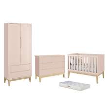 Dormitório Completo Infantil Classic 2 Portas, Cômoda 6 Gavetas, Berço Rosa Fosco com Pés Madeira Natural e Colchão D18 - Reller Móveis