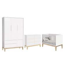 Dormitório Completo Infantil Classic 3 Portas, Cômoda 6 Gavetas e Berço Branco Fosco com Pés Madeira Natural - Reller Móveis
