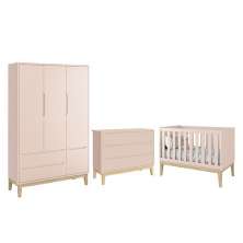 Dormitório Completo Infantil Classic 3 Portas, Cômoda 6 Gavetas e Berço Rosa Fosco com Pés Madeira Natural - Reller Móveis