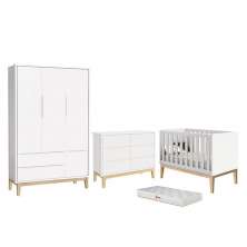 Dormitório Completo Infantil Classic 3 Portas, Cômoda 6 Gavetas, Berço Branco Fosco com Pés Madeira Natural e Colchão D18 - Reller Móveis 