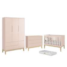 Dormitório Completo Infantil Classic 3 Portas, Cômoda 6 Gavetas, Berço Rosa Fosco com Pés Madeira Natural e Colchão D18 - Reller Móveis