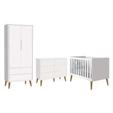 Dormitório Completo Infantil Theo 2 Portas, Cômoda 6 Gavetas e Berço Branco Fosco com Pés Amadeirado - Reller Móveis