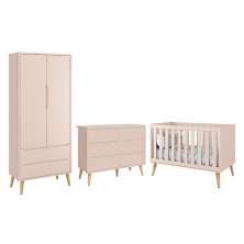 Dormitório Completo Infantil Theo 2 Portas, Cômoda 6 Gavetas e Berço Rosa Fosco com Pés Madeira Natural - Reller Móveis