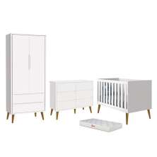 Dormitório Completo Infantil Theo 2 Portas, Cômoda 6 Gavetas, Berço Branco Fosco com Pés Amadeirado e Colchão D18 - Reller Móveis
