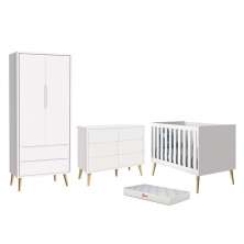 Dormitório Completo Infantil Theo 2 Portas, Cômoda 6 Gavetas, Berço Branco Fosco com Pés Madeira Natural e Colchão D18 - Reller Móveis
