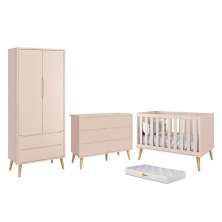 Dormitório Completo Infantil Theo 2 Portas, Cômoda 6 Gavetas, Berço Rosa Fosco com Pés Madeira Natural e Colchão D18 - Reller Móveis