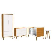 Dormitório Completo Infantil Theo 2 Portas, Cômoda 6 Gavetas, Berço e Mesa de Canto Branco/Savana com Pés Amadeirado - Reller Móveis