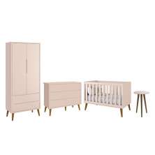 Dormitório Completo Infantil Theo 2 Portas, Cômoda 6 Gavetas, Berço e Mesa de Canto Rosa Fosco com Pés Amadeirado - Reller Móveis