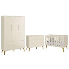 Dormitório Completo Infantil Theo 3 Portas, Cômoda 6 Gavetas e Berço Areia Fosco com Pés Amadeirado - Reller Móveis