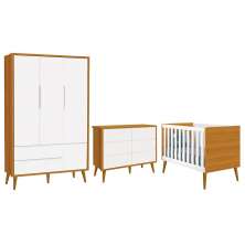 Dormitório Completo Infantil Theo 3 Portas, Cômoda 6 Gavetas e Berço Branco/Savana com Pés Amadeirado - Reller Móveis