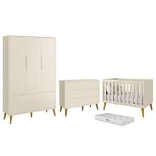 Dormitório Completo Infantil Theo 3 Portas, Cômoda 6 Gavetas, Berço Areia Fosco com Pés Amadeirado e Colchão D18 - Reller Móveis