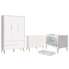 Dormitório Completo Infantil Theo 3 Portas, Cômoda 6 Gavetas, Berço Branco Fosco com Pés Madeira Natural e Colchão D18 - Reller Móveis 