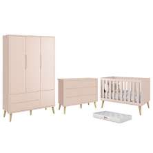 Dormitório Completo Infantil Theo 3 Portas, Cômoda 6 Gavetas, Berço Rosa Fosco com Pés Madeira Natural e Colchão D18 - Reller Móveis