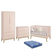 Dormitório Infantil Classic 2 Portas, Cômoda 3 Gavetas, Berço Rosa Fosco com Pés Madeira Natural e Colchão - Reller Móveis