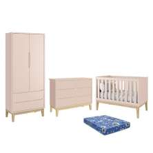 Dormitório Infantil Classic 2 Portas, Cômoda 6 Gavetas, Berço Rosa Fosco com Pés Madeira Natural e Colchão - Reller Móveis