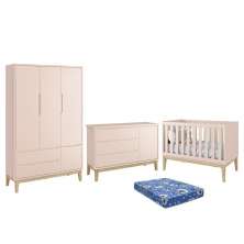 Dormitório Infantil Classic 3 Portas, Cômoda 1 Porta, Berço Rosa Fosco com Pés Madeira Natural e Colchão - Reller Móveis