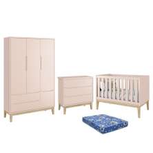 Dormitório Infantil Classic 3 Portas, Cômoda 3 Gavetas, Berço Rosa Fosco com Pés Madeira Natural e Colchão - Reller Móveis