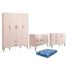 Dormitório Infantil Isis Guarda Roupa 4 Portas, Cômoda 1 Porta e Berço Rosa com Colchão - Reller Móveis