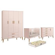 Dormitório Infantil Isis Guarda Roupa 4 Portas, Cômoda 1 Porta e Berço Rosa com Colchão D18 - Reller Móveis