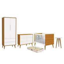 Dormitório Infantil Theo 2 Portas, Cômoda 6 Gavetas, Berço, Mesa de Canto Branco/Savana com Pés Amadeirado e Colchão - Reller Móveis