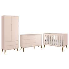 Dormitório Infantil Theo Retrô 2 Portas, Cômoda 1 Porta e Berço Rosa Fosco com Pés Amadeirado - Reller Móveis