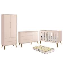 Dormitório Infantil Theo Retrô 2 Portas, Cômoda 1 Porta, Berço Rosa Fosco com Pés Amadeirado e Colchão D18 - Reller Móveis