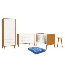 Dormitório Infantil Theo Retrô 2 Portas, Cômoda 1 Porta, Berço, Mesa de Apoio Branco/Savana com Pés Amadeirado e Colchão - Reller Móveis