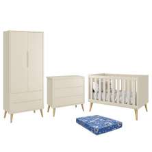 Dormitório Infantil Theo Retrô 2 Portas, Cômoda, Berço Areia Fosco com Pés Madeira Natural e Colchão - Reller Móveis 
