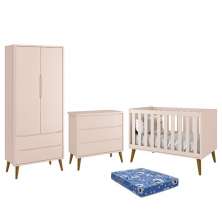 Dormitório Infantil Theo Retrô 2 Portas, Cômoda, Berço Rosa Fosco com Pés Amadeirado e Colchão - Reller Móveis