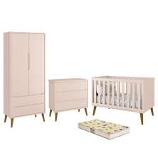 Dormitório Infantil Theo Retrô 2 Portas, Cômoda, Berço Rosa Fosco com Pés Amadeirado e Colchão D18 - Reller Móveis