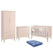 Dormitório Infantil Theo Retrô 2 Portas, Cômoda, Berço Rosa Fosco com Pés Madeira Natural e Colchão - Reller Móveis