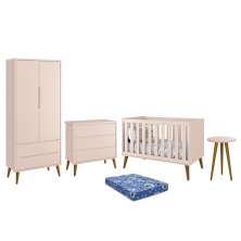 Dormitório Infantil Theo Retrô 2 Portas, Cômoda, Berço, Mesa de Apoio Rosa Fosco com Pés Amadeirado e Colchão - Reller Móveis