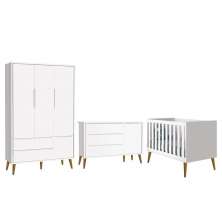 Dormitório Infantil Theo Retrô 3 Portas, Cômoda 1 Porta e Berço Branco Fosco com Pés Amadeirado - Reller Móveis