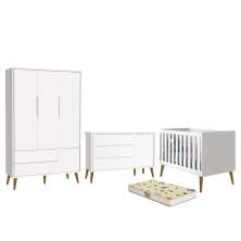 Dormitório Infantil Theo Retrô 3 Portas, Cômoda 1 Porta, Berço Branco Fosco com Pés Amadeirado e Colchão D18 - Reller Móveis