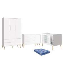 Dormitório Infantil Theo Retrô 3 Portas, Cômoda 1 Porta, Berço Branco Fosco com Pés Madeira Natural e Colchão - Reller Móveis
