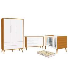 Dormitório Infantil Theo Retrô 3 Portas, Cômoda 1 Porta, Berço Branco/Savana com Pés Amadeirado e Colchão D18 - Reller Móveis