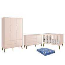 Dormitório Infantil Theo Retrô 3 Portas, Cômoda 1 Porta, Berço Rosa Fosco com Pés Amadeirado e Colchão - Reller Móveis