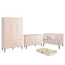 Dormitório Infantil Theo Retrô 3 Portas, Cômoda 1 Porta, Berço Rosa Fosco com Pés Amadeirado e Colchão D18 - Reller Móveis