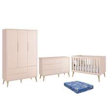 Dormitório Infantil Theo Retrô 3 Portas, Cômoda 1 Porta, Berço Rosa Fosco com Pés Madeira Natural e Colchão - Reller Móveis