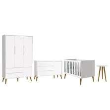 Dormitório Infantil Theo Retrô 3 Portas, Cômoda 1 Porta, Berço e Mesa de Apoio Branco Fosco com Pés Amadeirado - Reller Móveis