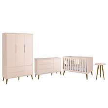 Dormitório Infantil Theo Retrô 3 Portas, Cômoda 1 Porta, Berço e Mesa de Apoio Rosa Fosco com Pés Amadeirado - Reller Móveis