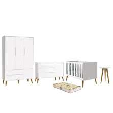 Dormitório Infantil Theo Retrô 3 Portas, Cômoda 1 Porta, Berço, Mesa de Apoio Branco Fosco com Pés Amadeirado e Colchão D18 - Reller Móveis