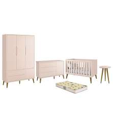 Dormitório Infantil Theo Retrô 3 Portas, Cômoda 1 Porta, Berço, Mesa de Apoio Rosa Fosco com Pés Amadeirado e Colchão D18 - Reller Móveis