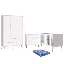 Dormitório Infantil Theo Retrô 3 Portas, Cômoda, Berço Branco Fosco com Pés Madeira Natural e Colchão - Reller Móveis
